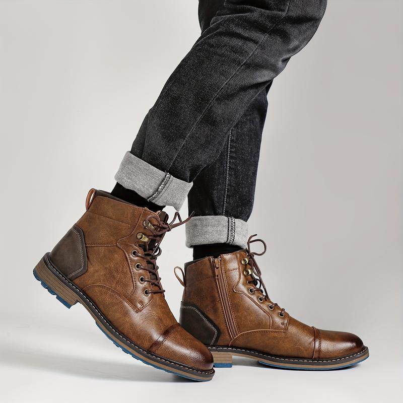 Men's Vintage Cap Toe Lace-up Boots With Side Zipper, Casual PU Leather Walking Shoes