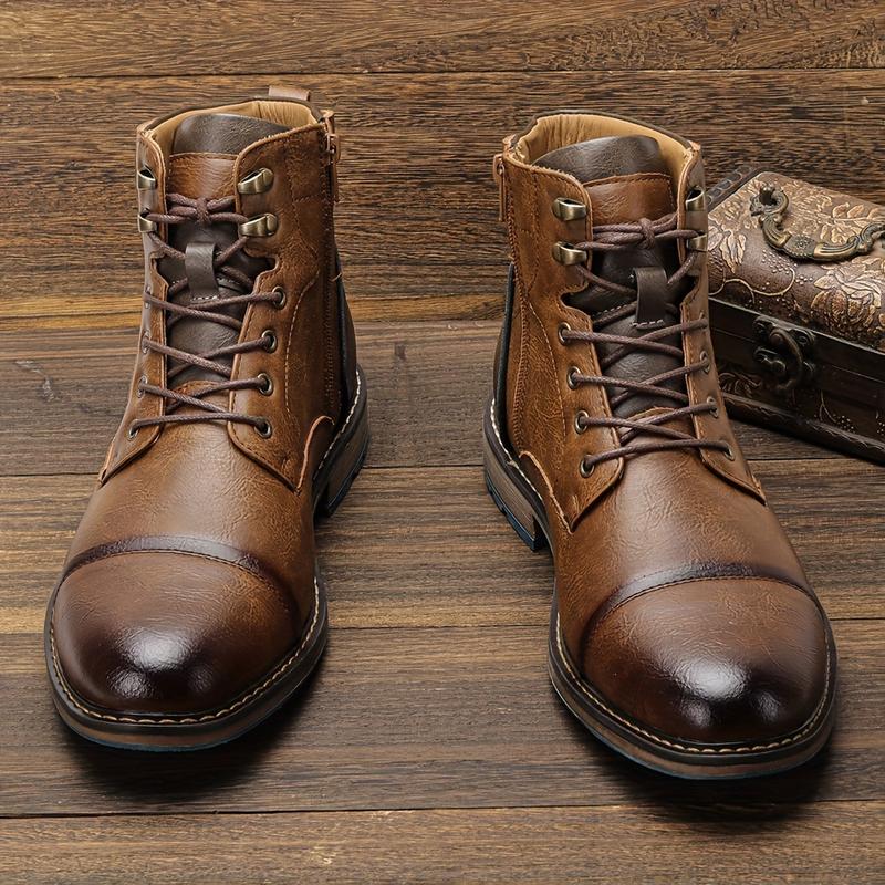 Men's Vintage Cap Toe Lace-up Boots With Side Zipper, Casual PU Leather Walking Shoes