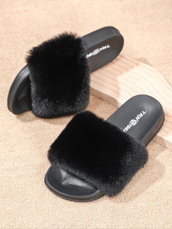 Women's Fashionable Solid Color Fluffy Plush Flat Slippers, Casual Soft Comfortable Home Slippers for Daily Wear, Perfect for Women & Girls for Indoor and Outdoor