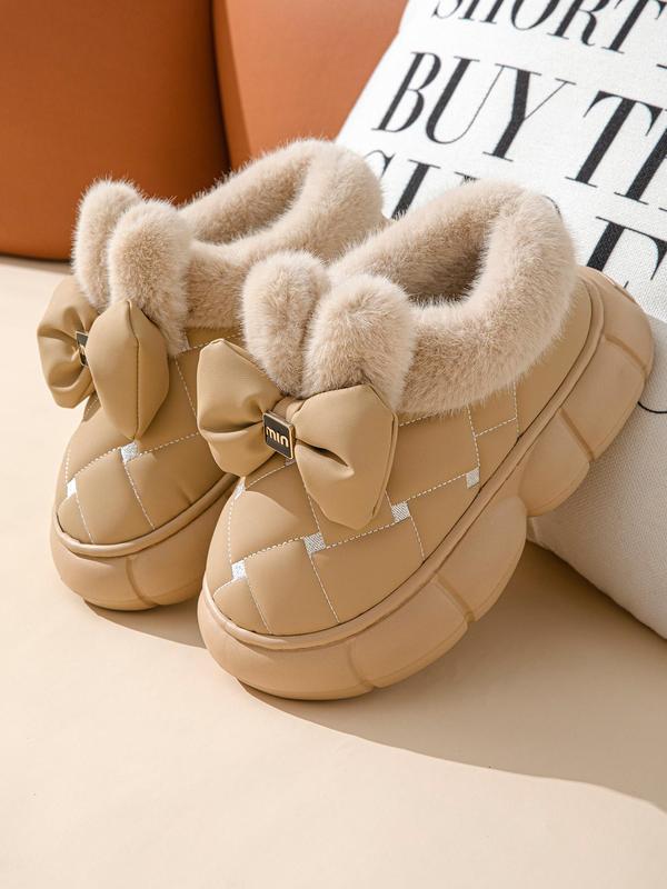 Women's Cute Bowknot Design Plush Lined Slipper Boots, Casual Soft Comfortable Home Slippers, Thick Sole Waterproof Warm Shoes for Indoor & Outdoor Use for Fall & Winter Fluffy Slippers