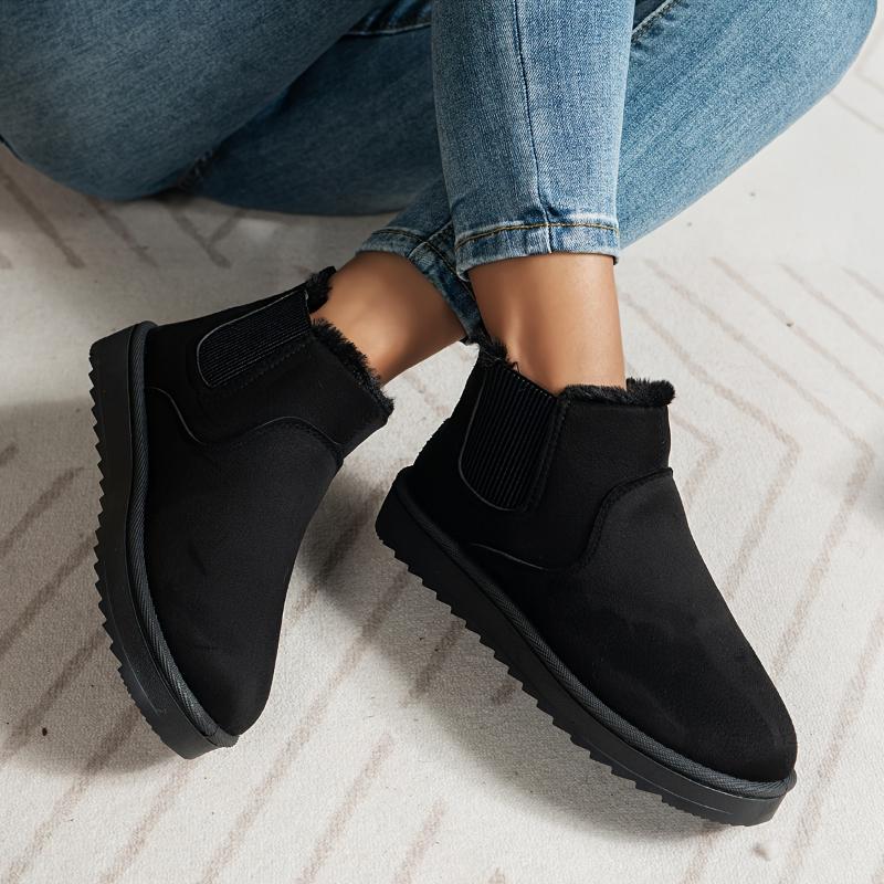 Cozy Soft Women's Solid Color Short Boots - Ultra Comfortable, Plush Lined, Slip-On, Warm Winter Boots for Casual Daily Wear - Perfect for Cold Weather, Outdoor Activities Girl Walking Shoes Footwear Rubber Platform Flat Insole Onyx