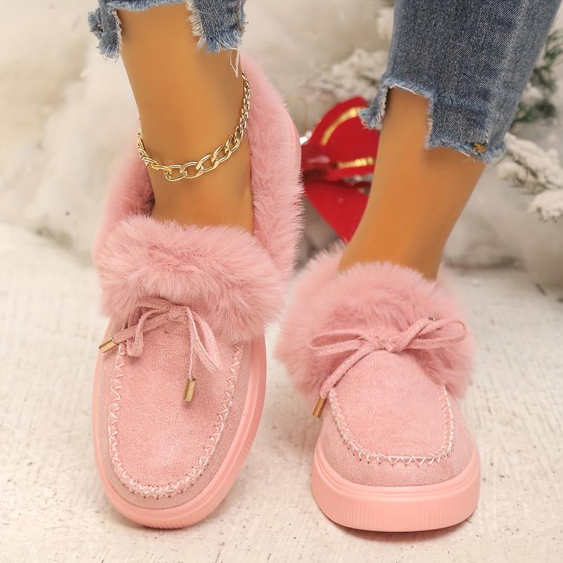 Women's Fluffy Furry Snow Boots, Solid Color Bowknot Plush Lining Ankle Boots, Winter Warm Flat Bottom Furry Booties