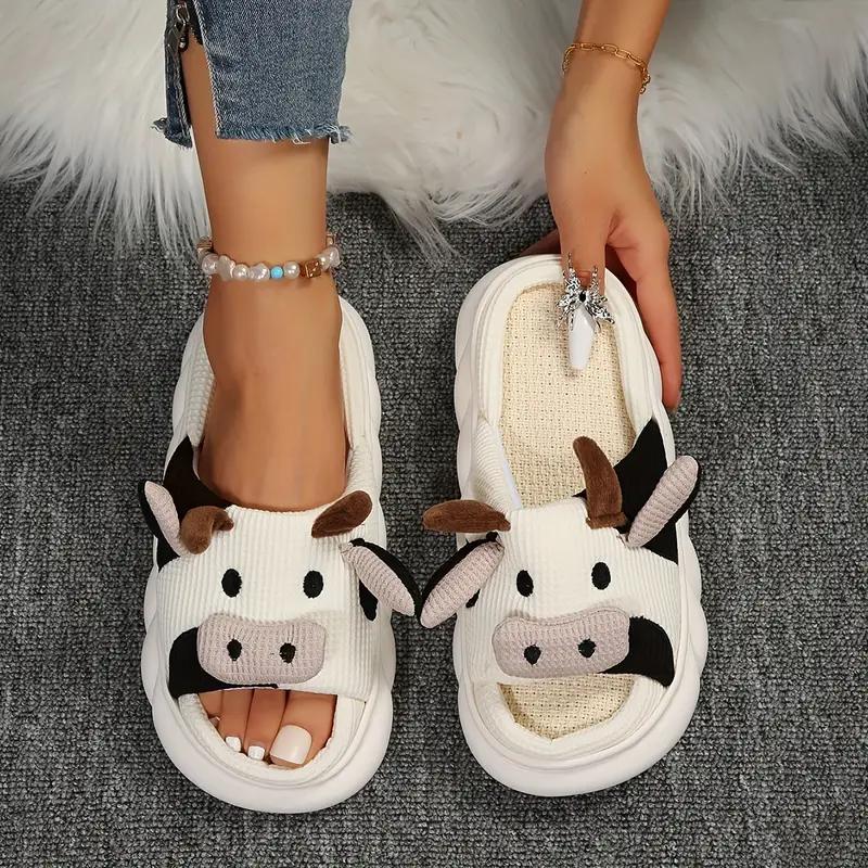 Black Friday Slippers 1 Pair Cozy Home Slippers for Women - Cartoon Cow Decoration, Plush Cross Strap, Indoor House Shoes, EVA Soft Sole, Linen Lining, Fabric Upper, Minimalist Style, Non-Slip, Quiet, Winter Slip-On Slides