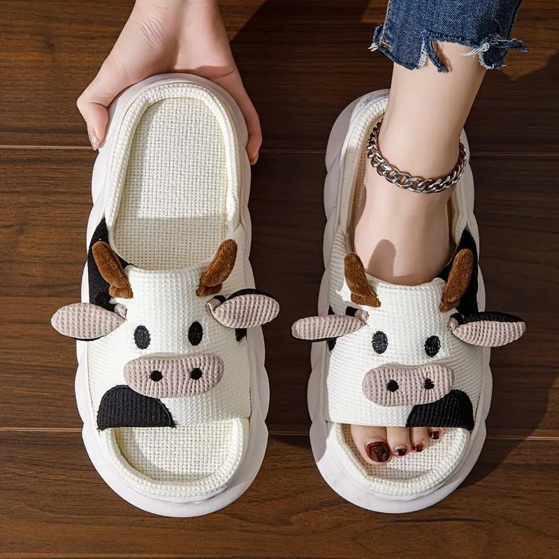 Black Friday Slippers 1 Pair Cozy Home Slippers for Women - Cartoon Cow Decoration, Plush Cross Strap, Indoor House Shoes, EVA Soft Sole, Linen Lining, Fabric Upper, Minimalist Style, Non-Slip, Quiet, Winter Slip-On Slides