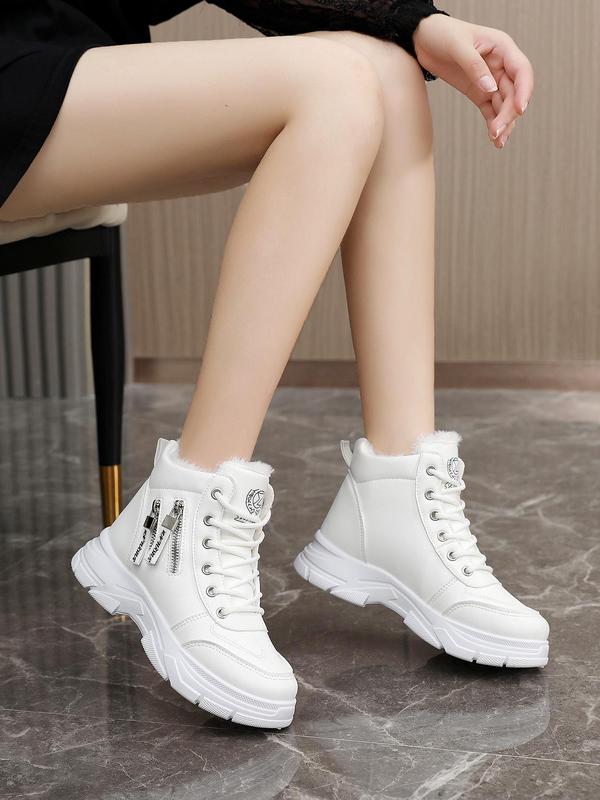 Women's Solid Color Lace Up High Top Boots, Casual Comfortable Warm Snow Boots for Fall & Winter, Female All-match Trend Shoes for Daily Wear