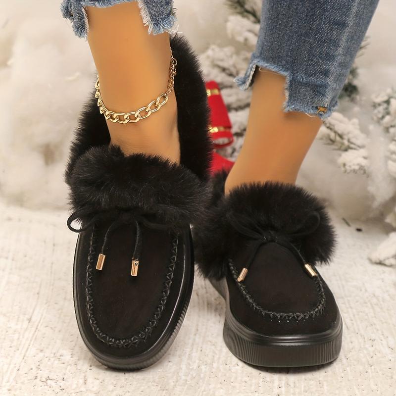 Women's Fluffy Furry Snow Boots, Solid Color Bowknot Plush Lining Ankle Boots, Winter Warm Flat Bottom Furry Booties