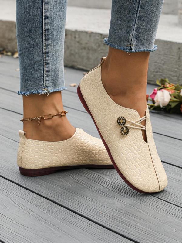 Women's Fashionable Crocodile Embossed Button Decorated Flat Shoes, Casual Comfortable Round Toe Shoes for Daily Wear, Lightweight Breathable Shoes for All Seasons