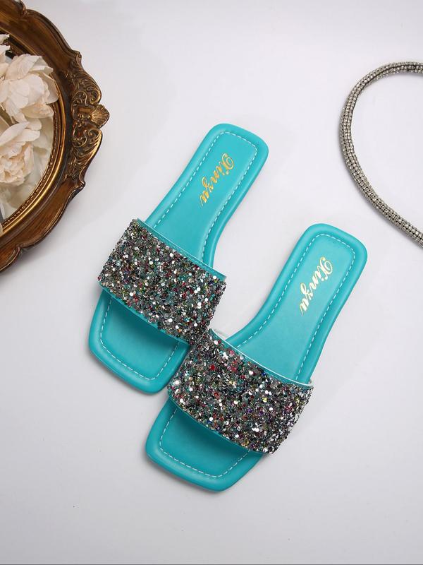 Women's Fashionable Glitter Rhinestone Decorated Flat Sandals, Casual Trendy Slide Sandals for Beach, All-match Fashion Shoes for Daily Wear