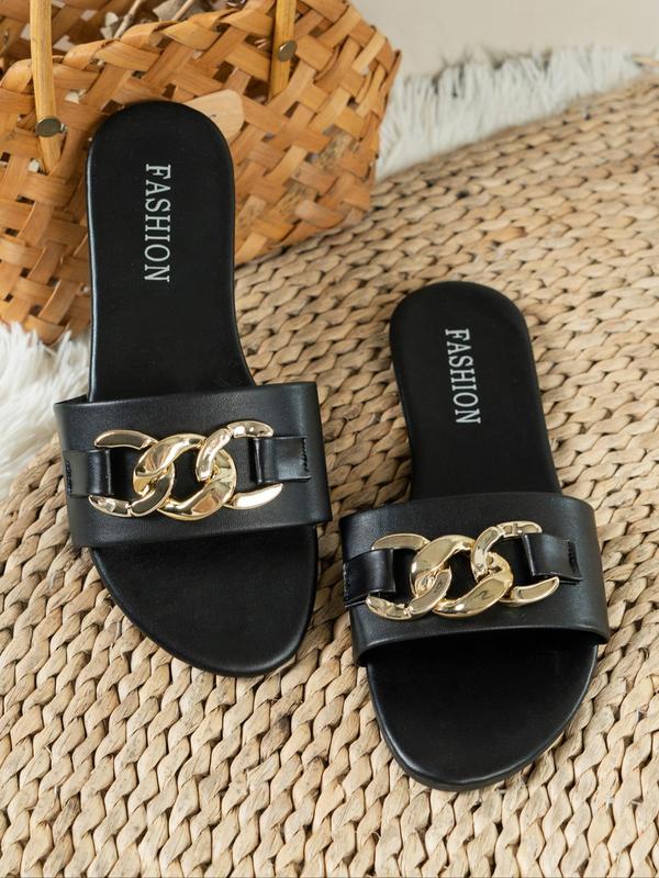 Women's Fashionable Chain Decorated Slide Sandals, Casual Comfortable Flat Sandals for Summer, All-match Slippers for Daily Wear