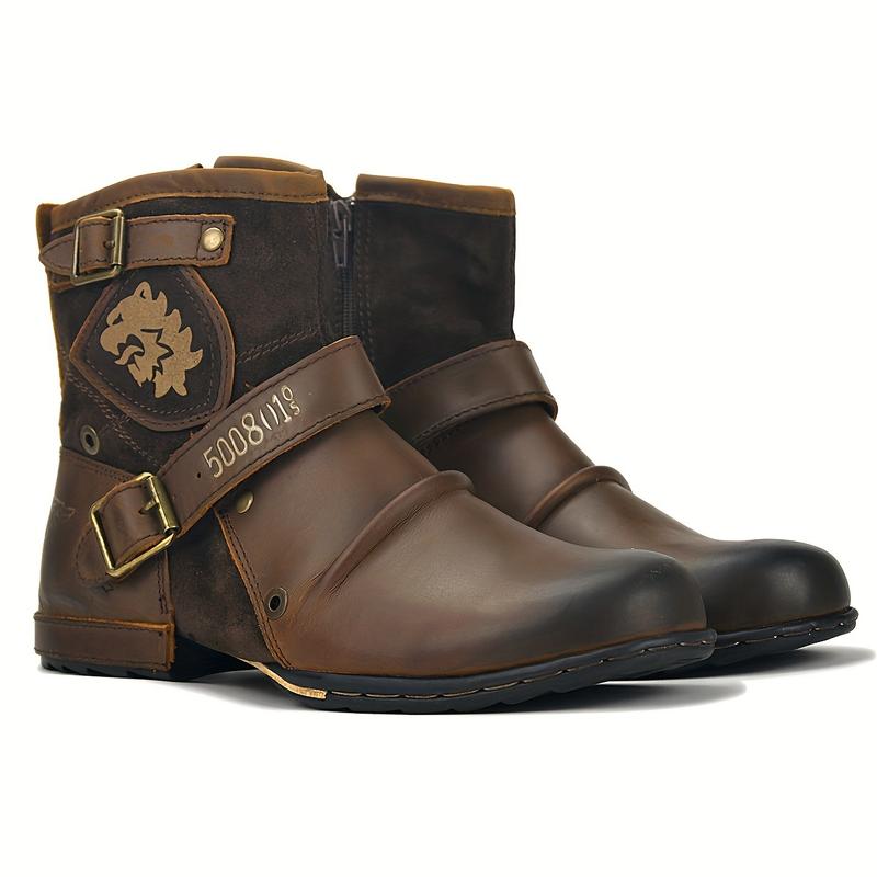 Men's Vintage-Inspired Mid-Calf Boots with Dual Buckle Straps and Side Zipper - Casual Round Toe, All-Season Wear