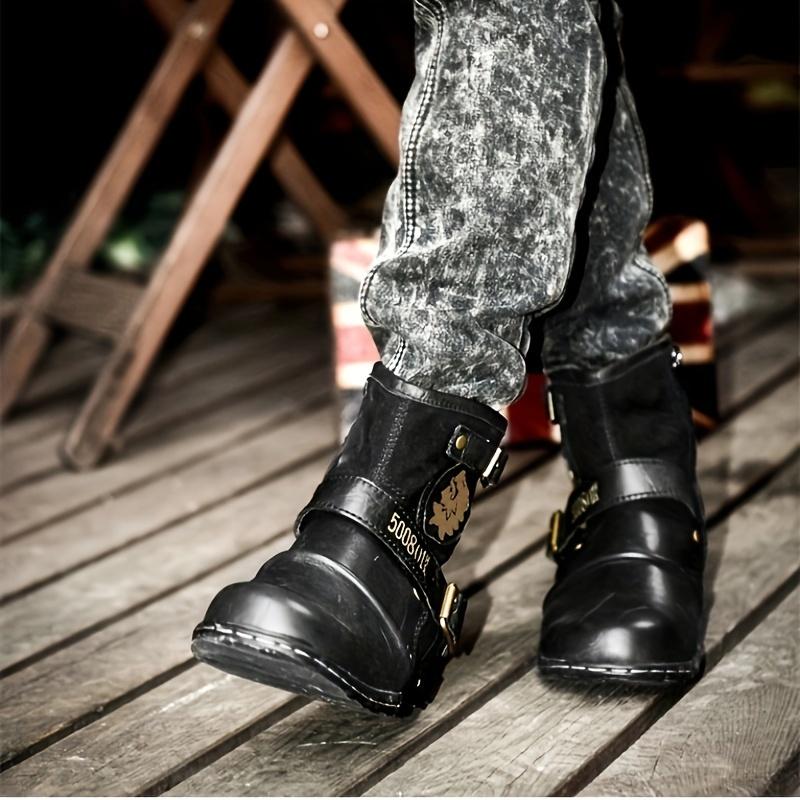 Men's Vintage-Inspired Mid-Calf Boots with Dual Buckle Straps and Side Zipper - Casual Round Toe, All-Season Wear