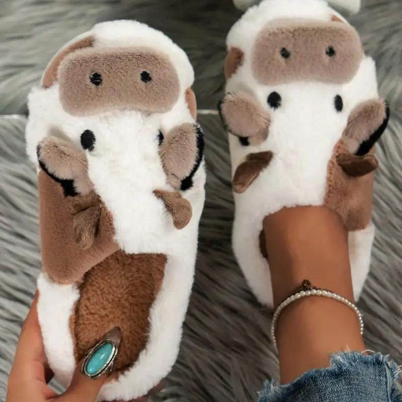 Cotton slippers for women,Cute Cow House Slippers, Warm Plush Lined Home Slippers, Cozy Indoor Shoes Footwear Flipflop