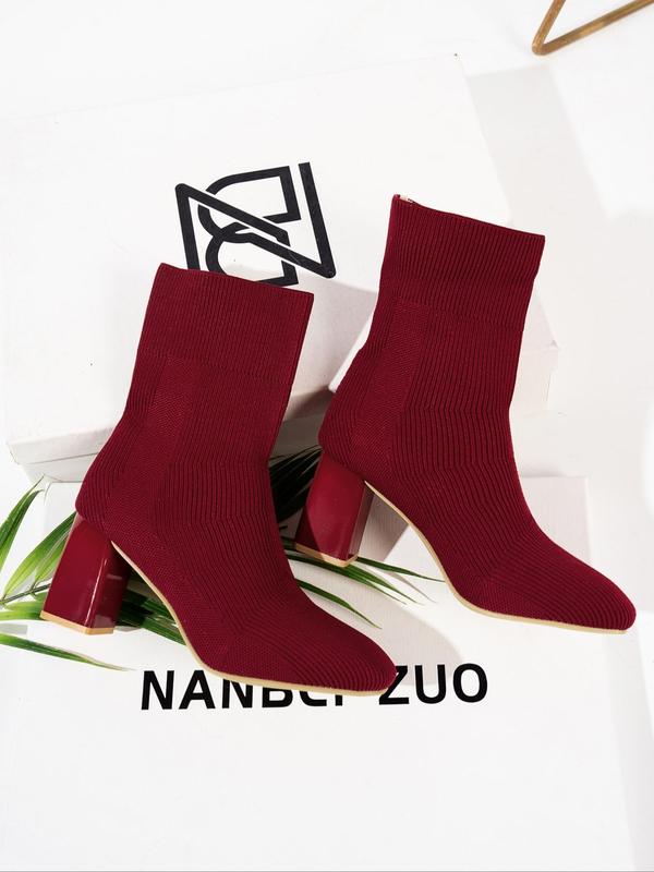 Women's Fashionable Solid Color Knitted Boots, Casual Block Heel Pointed Toe Boots for Daily Wear, Fashionable Heeled Boots for Fall & Winter