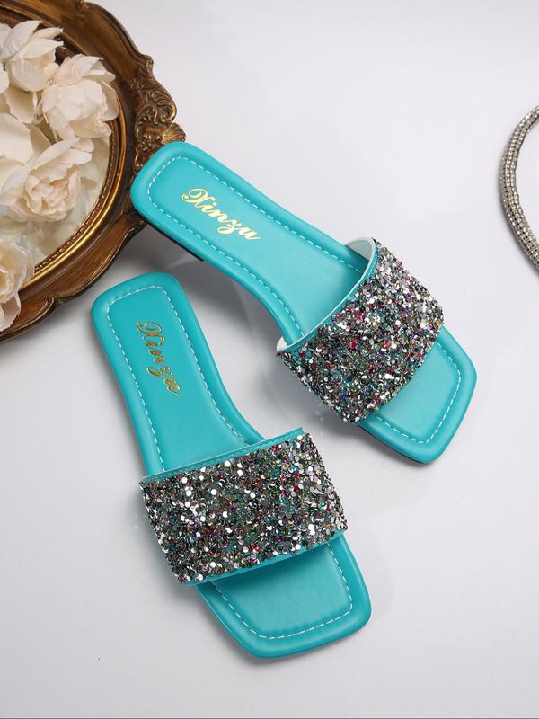 Women's Fashionable Glitter Rhinestone Decorated Flat Sandals, Casual Trendy Slide Sandals for Beach, All-match Fashion Shoes for Daily Wear