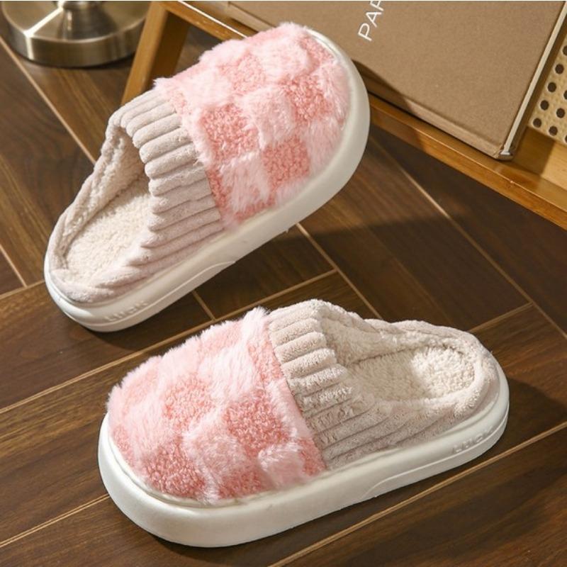 Plush Slippers for Women Men Plaid Cuff Warm Fuzzy Fleece Slipper Cozy Memory Foam Checkered Home Shoes Non-Slip