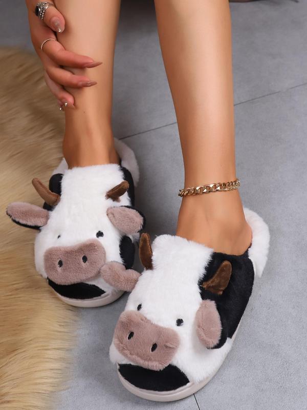 Women's Best-selling Cute Cartoon Fuzzy Cow Slippers, Fluffy Soft Comfy Cozy Bedroom Slippers for Fall & Winter Footwear, Female Indoor Round Toe Warm Novelty House Slippers for Girl