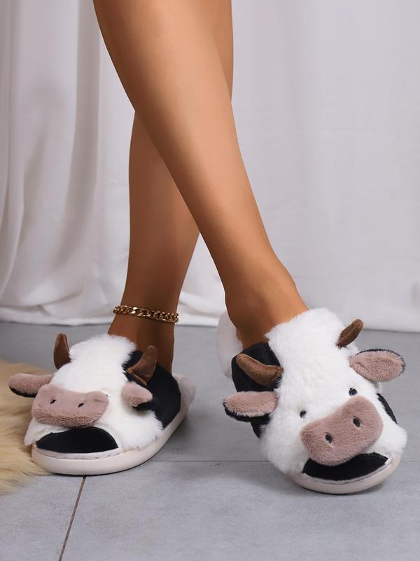 Women's Best-selling Cute Cartoon Fuzzy Cow Slippers, Fluffy Soft Comfy Cozy Bedroom Slippers for Fall & Winter Footwear, Female Indoor Round Toe Warm Novelty House Slippers for Girl