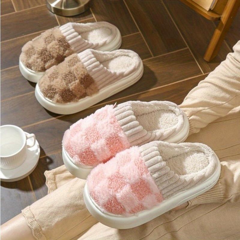 Plush Slippers for Women Men Plaid Cuff Warm Fuzzy Fleece Slipper Cozy Memory Foam Checkered Home Shoes Non-Slip