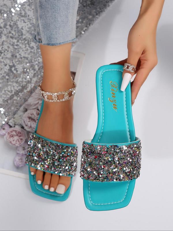 Women's Fashionable Glitter Rhinestone Decorated Flat Sandals, Casual Trendy Slide Sandals for Beach, All-match Fashion Shoes for Daily Wear