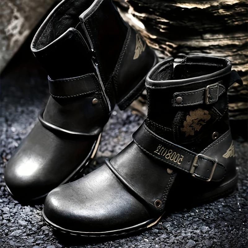 Men's Vintage-Inspired Mid-Calf Boots with Dual Buckle Straps and Side Zipper - Casual Round Toe, All-Season Wear