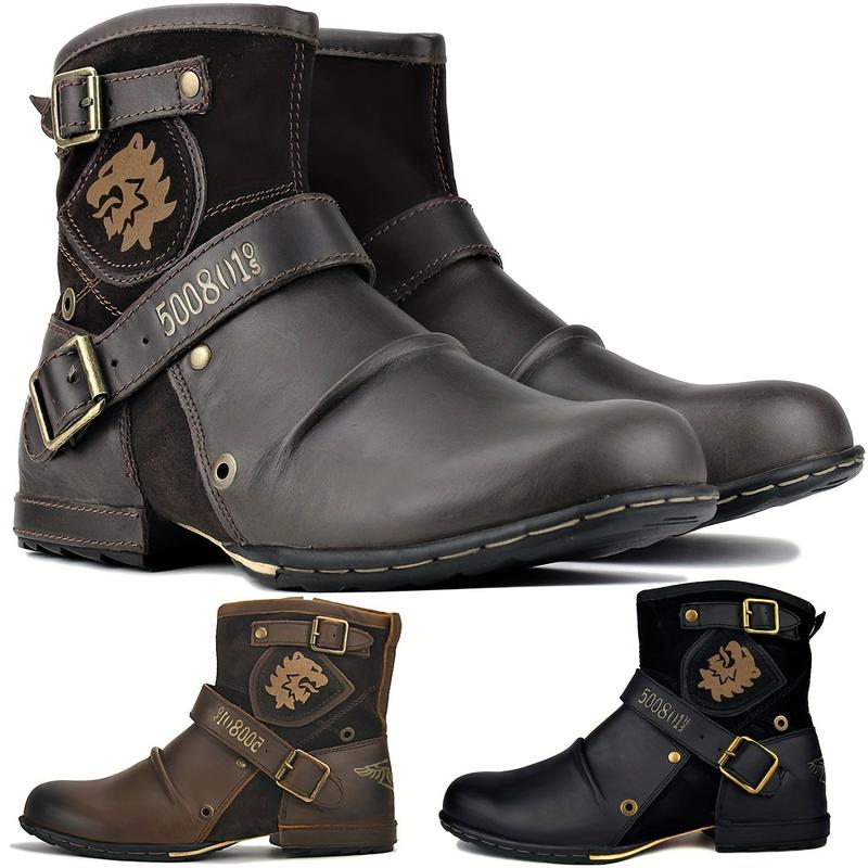 Men's Vintage-Inspired Mid-Calf Boots with Dual Buckle Straps and Side Zipper - Casual Round Toe, All-Season Wear