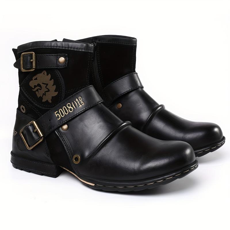 Men's Vintage-Inspired Mid-Calf Boots with Dual Buckle Straps and Side Zipper - Casual Round Toe, All-Season Wear