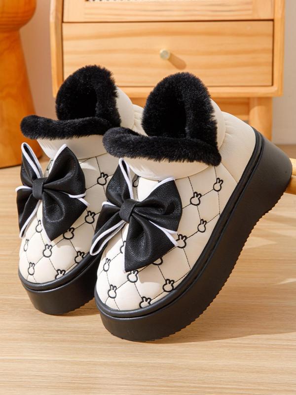 Women's Cute Bow Decor Plush Lined Snow Boots, Casual Comfortable Thick Sole Ankle Boots, Warm Boots for Indoor & Outdoor Wear for Fall & Winter