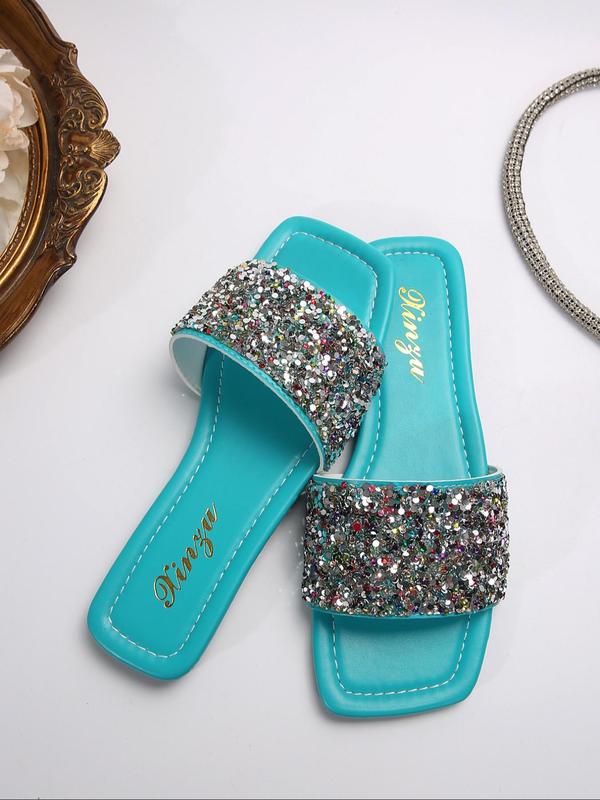 Women's Fashionable Glitter Rhinestone Decorated Flat Sandals, Casual Trendy Slide Sandals for Beach, All-match Fashion Shoes for Daily Wear