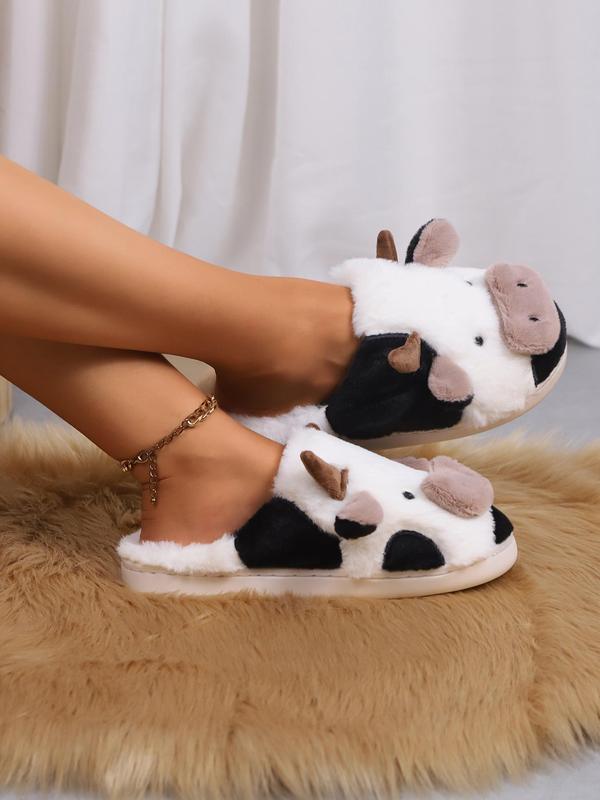 Women's Best-selling Cute Cartoon Fuzzy Cow Slippers, Fluffy Soft Comfy Cozy Bedroom Slippers for Fall & Winter Footwear, Female Indoor Round Toe Warm Novelty House Slippers for Girl