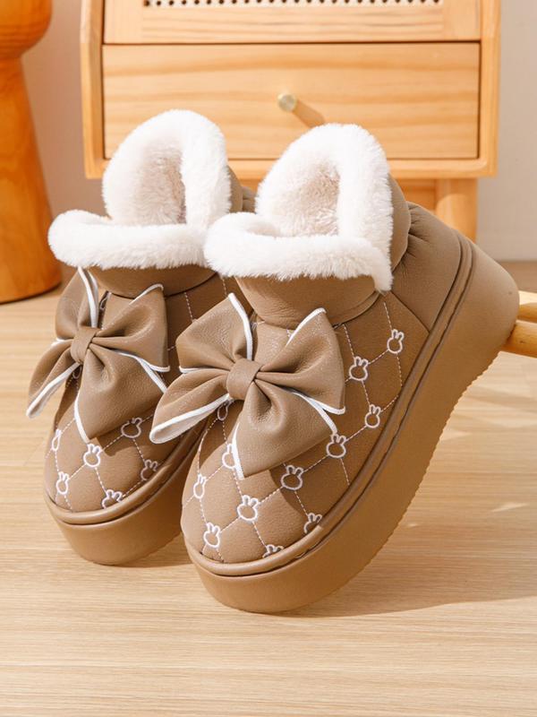 Women's Cute Bow Decor Plush Lined Snow Boots, Casual Comfortable Thick Sole Ankle Boots, Warm Boots for Indoor & Outdoor Wear for Fall & Winter