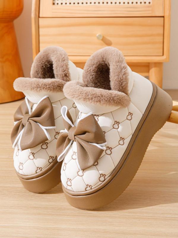 Women's Cute Bow Decor Plush Lined Snow Boots, Casual Comfortable Thick Sole Ankle Boots, Warm Boots for Indoor & Outdoor Wear for Fall & Winter