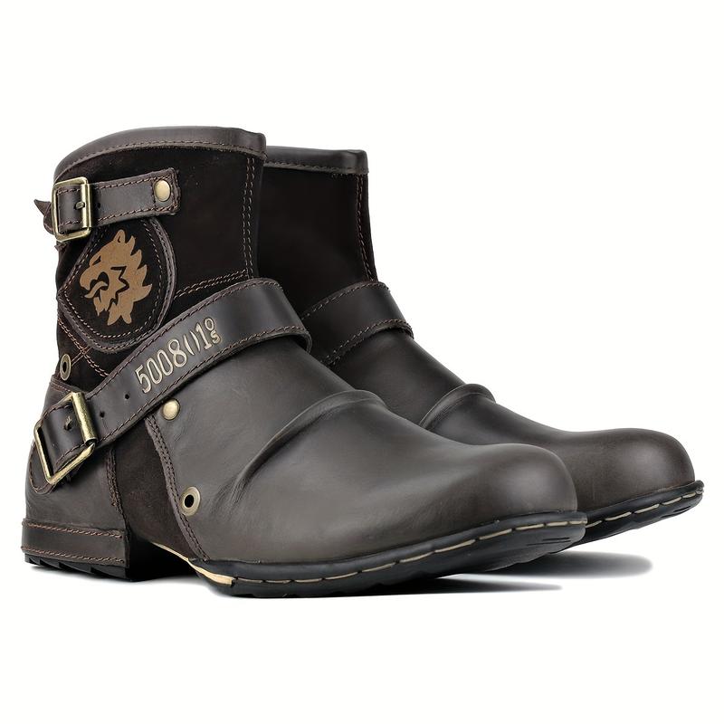 Men's Vintage-Inspired Mid-Calf Boots with Dual Buckle Straps and Side Zipper - Casual Round Toe, All-Season Wear