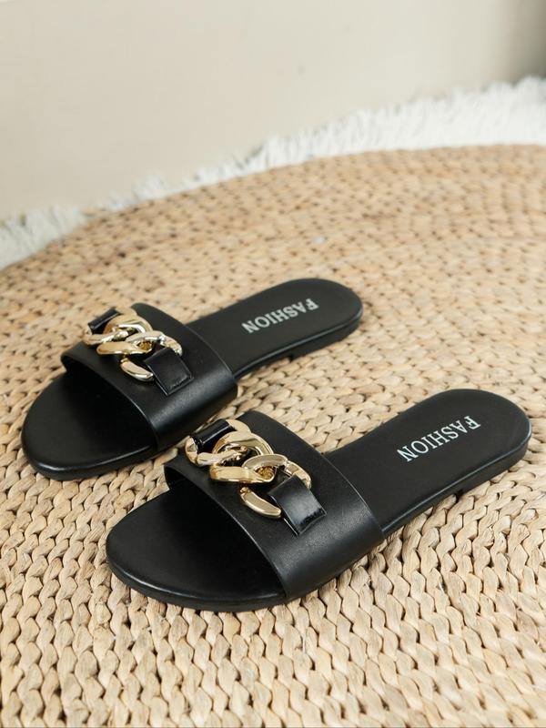 Women's Fashionable Chain Decorated Slide Sandals, Casual Comfortable Flat Sandals for Summer, All-match Slippers for Daily Wear