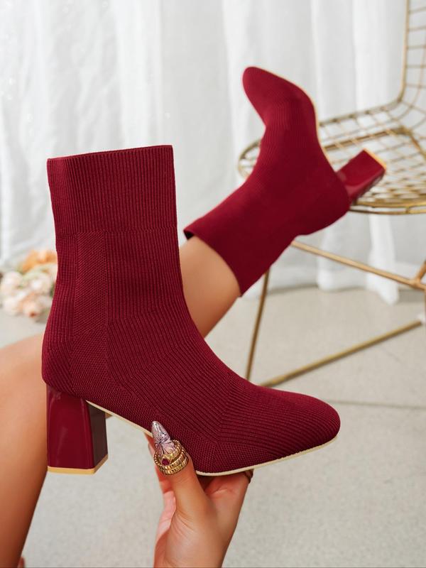 Women's Fashionable Solid Color Knitted Boots, Casual Block Heel Pointed Toe Boots for Daily Wear, Fashionable Heeled Boots for Fall & Winter