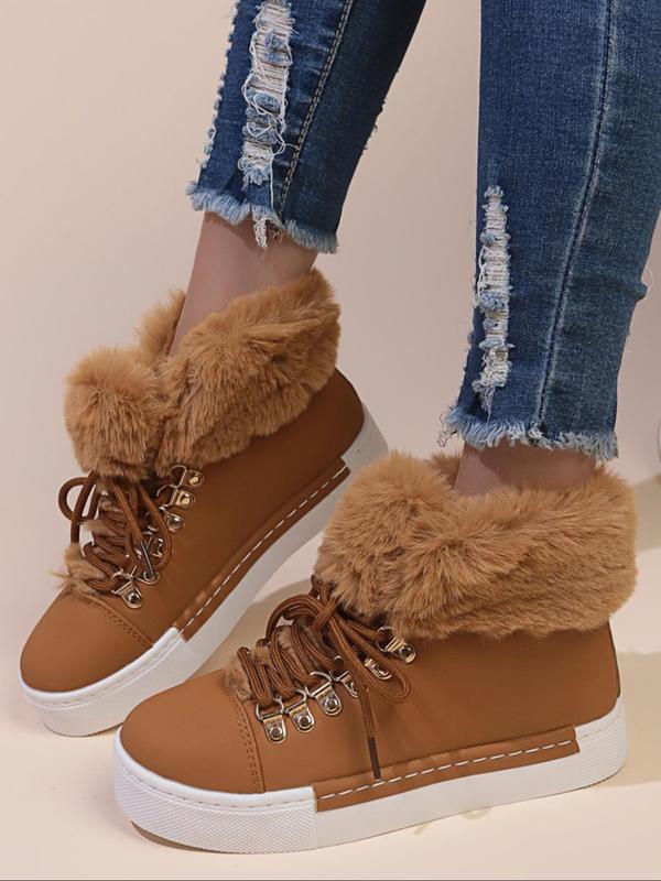 Women's Fashionable Lace Up Ankle Boots, Casual Warm Snow Boots for Outdoor, Female All-match Trendy Shoes for Fall & Winter