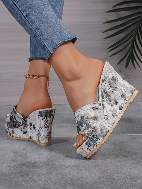 Women's Fashion Floral Pattern Slip on Wedge Sandals, Boho Style Casual Vacation Beach Sandals, Trendy Shoes for Summer