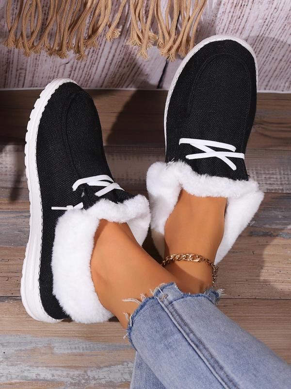 Women's Solid Color Lace Up Plush Lined Casual Shoes, Casual Comfortable Breathable Mid Top Shoes for Fall & Winter, Female All-match Round Toe Shoes for Daily Wear