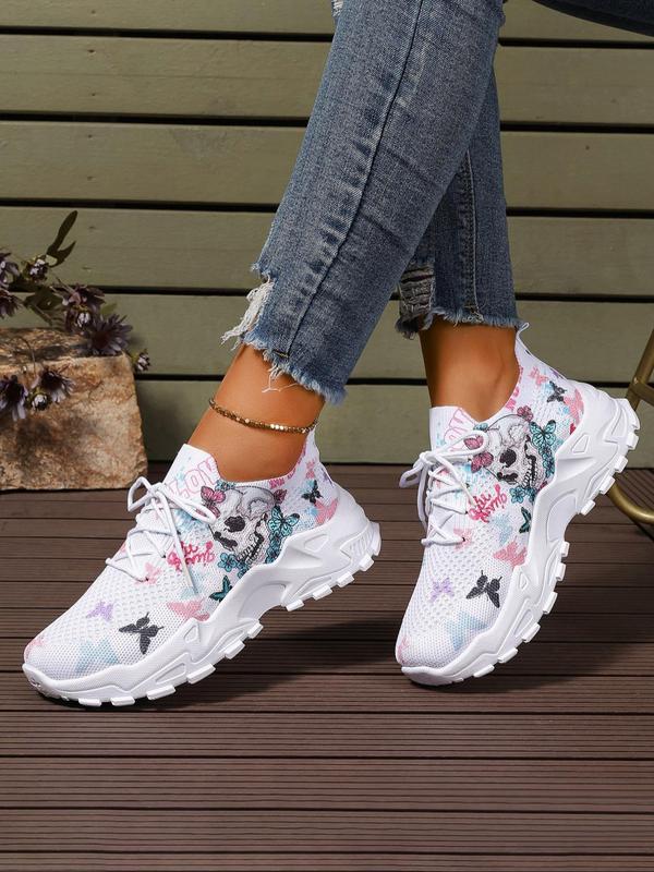 Women's Fashionable Butterfly & Skull Print Lace Up Low Top Sneakers, Casual Comfortable Breathable Sports Running Shoes, All-match Basic Shoes for Daily Wear