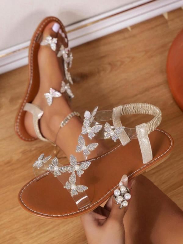 Women's Elegant Rhinestone Decor Butterfly Design Flat Sandals, Retro Fashion Flat Sandals for Summer Beach Vacation, Trendy Sandals for Women & Girls