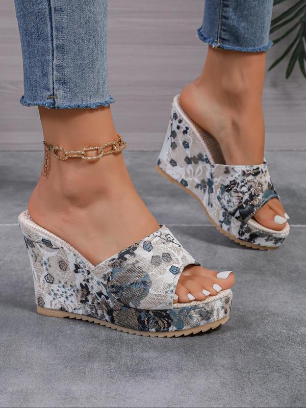 Women's Fashion Floral Pattern Slip on Wedge Sandals, Boho Style Casual Vacation Beach Sandals, Trendy Shoes for Summer