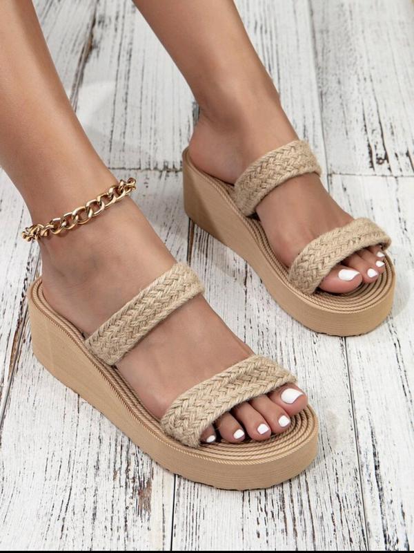 Women's Boho Braided Design Slide Sandals, 1 Pair Casual Trendy Wedge Espadrilles Shoes Sandals, Summer 2024 Fashion Two Strap Sandals for Beach Vacation