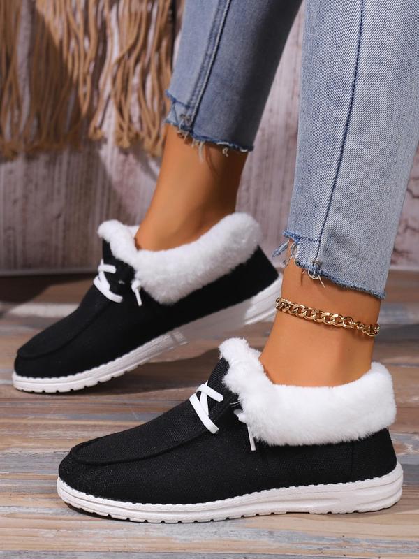 Women's Solid Color Lace Up Plush Lined Casual Shoes, Casual Comfortable Breathable Mid Top Shoes for Fall & Winter, Female All-match Round Toe Shoes for Daily Wear