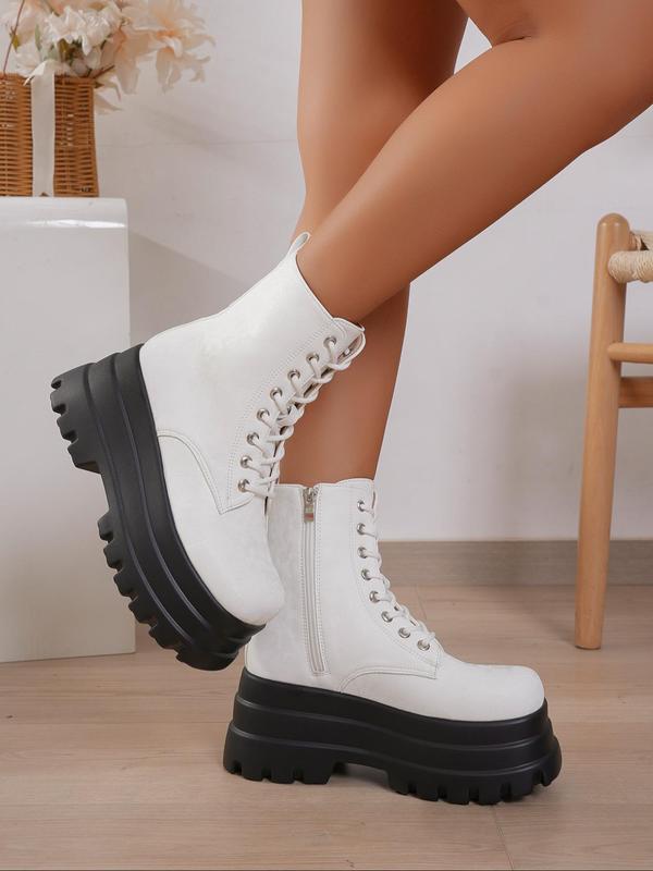 Fashionable Solid Color Square Toe Platform Boots, Casual Comfortable Zipper Design Ankle Boots for Daily Wear, Female All-match Trend Shoes for Winter