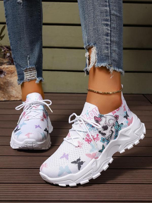 Women's Fashionable Butterfly & Skull Print Lace Up Low Top Sneakers, Casual Comfortable Breathable Sports Running Shoes, All-match Basic Shoes for Daily Wear