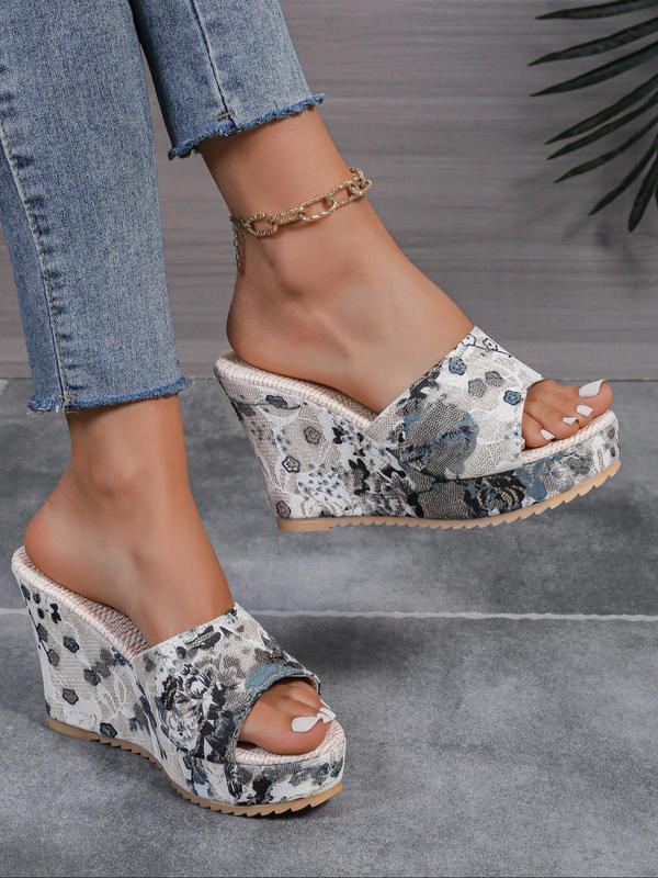 Women's Fashion Floral Pattern Slip on Wedge Sandals, Boho Style Casual Vacation Beach Sandals, Trendy Shoes for Summer