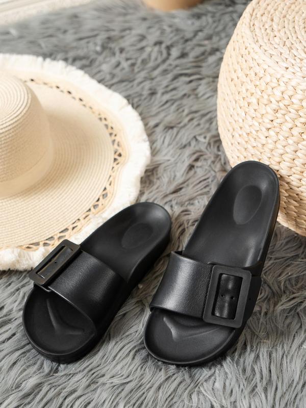 Women's Summer Minimalist Plain Open Toe Slides, with Buckle Design, Casual Comfortable Soft Thick Bottom Non-slip Slippers, Summer Outdoor Vacation Slides Sandals