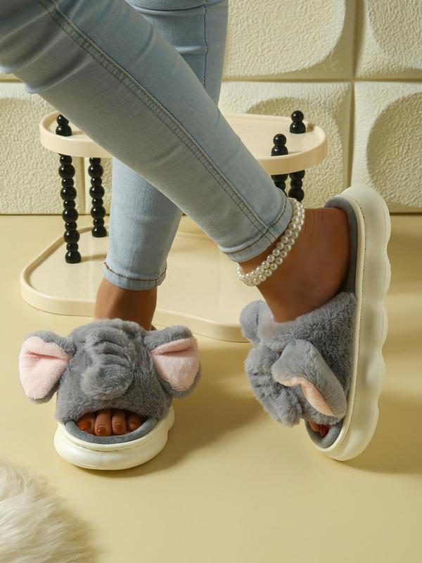 Women's Cute Cartoon Elephant Design Plush Slippers, Casual Soft Comfortable Home Slippers, Warm Slippers for Indoor & Outdoor Use for Fall & Winter