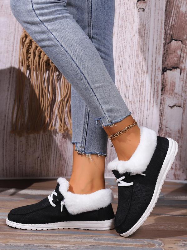 Women's Solid Color Lace Up Plush Lined Casual Shoes, Casual Comfortable Breathable Mid Top Shoes for Fall & Winter, Female All-match Round Toe Shoes for Daily Wear