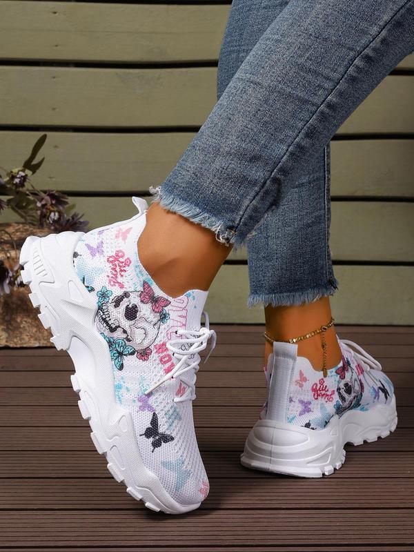 Women's Fashionable Butterfly & Skull Print Lace Up Low Top Sneakers, Casual Comfortable Breathable Sports Running Shoes, All-match Basic Shoes for Daily Wear