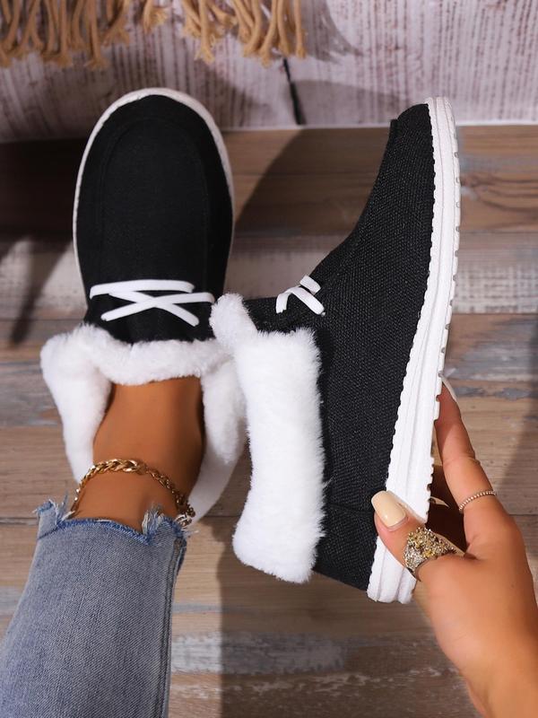 Women's Solid Color Lace Up Plush Lined Casual Shoes, Casual Comfortable Breathable Mid Top Shoes for Fall & Winter, Female All-match Round Toe Shoes for Daily Wear